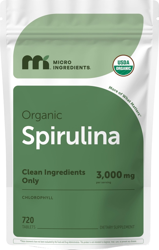 Micro Ingredientes Suplemento Espirulina Orgánica, 3000MG Por Serving, 720 Tabletas (4 Mes de Suministro), No Filler " Non-GMO, Rich in Vegan Protein, Vitaminas " Prebióticos, Píldoras de Espirulina Premium