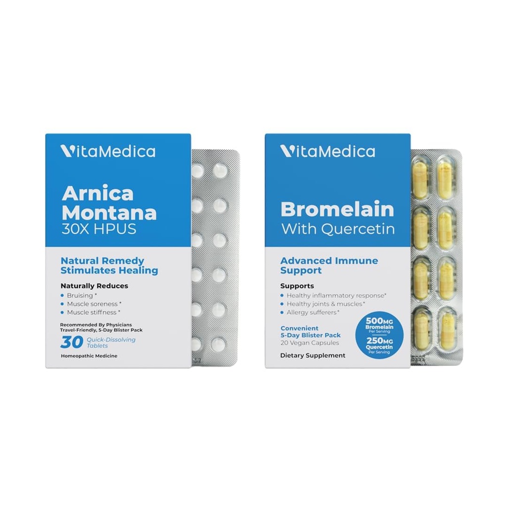 VitaMedica Arnica y Bromelain Blister Packs Bundle ← para la cirugía post y la recuperación de músculos ← Bruise Relief ← Fórmulas naturales basadas en plantas latitud 2 paquete de productos para el soporte de curación