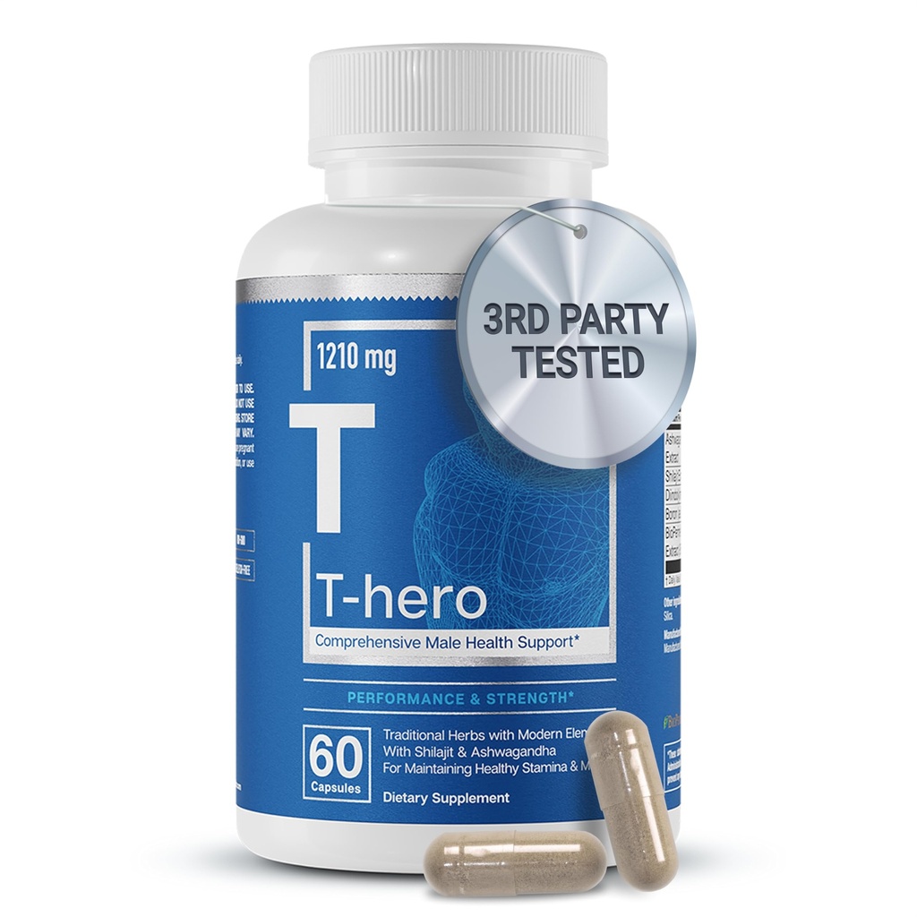 Elementos esenciales T-Hero - Soporte diario de testosterona para hombres - promueve la vibración " Drive - con Ashwagandha, Shilajit, Boron, DIM - 60 Cuenta - 30 Servimientos