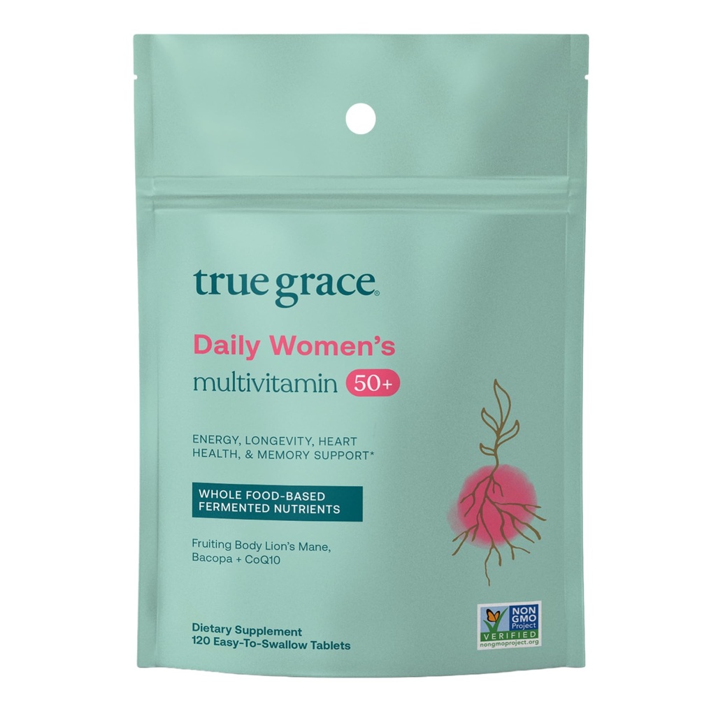 True Grace Daily Women’s Multivitamin 50+ - 120 Easy-to-Swallow Tablets - Immune, Energy, Longevity & Memory Support - Vegan - Gluten, Soy & Iron Gratis - 60 Servings