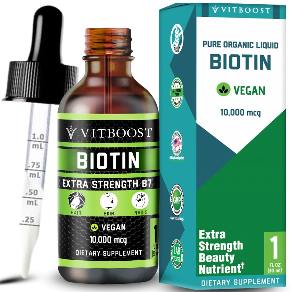 Extra Strength 10,000mcg Biotin Liquid Drops with Organic Berry Flavor ← 60 Servings ← Vegan Formula apoya el crecimiento del cabello, fuertes uñas, sana habilidad TEN NO Artificial Preservatives