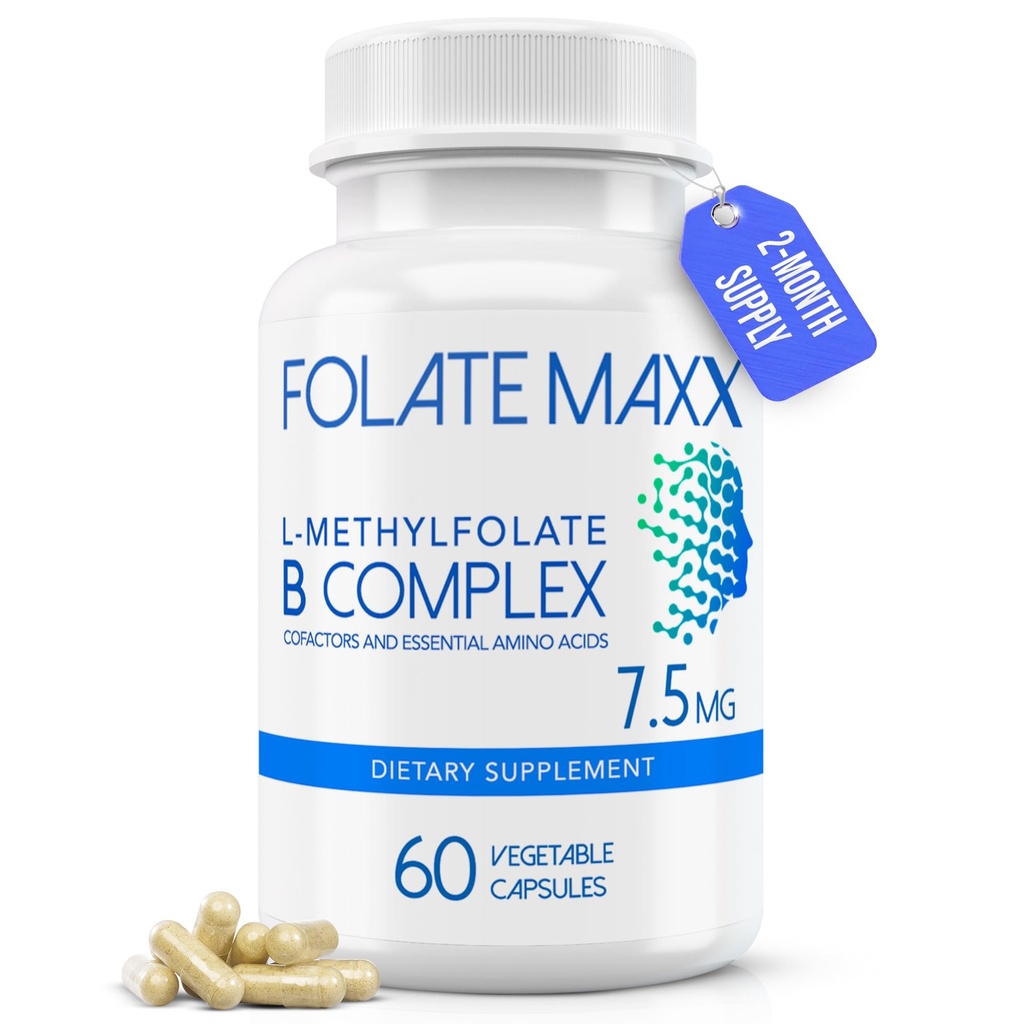 L-Methylfolate + B12 Methylcobalamin & B6 Blend (7.5mg) - 60 cápsulas - Active B-Complex with Cofactores " Essential Amino Acids - Non GMO, Gluten Free, No Fillers