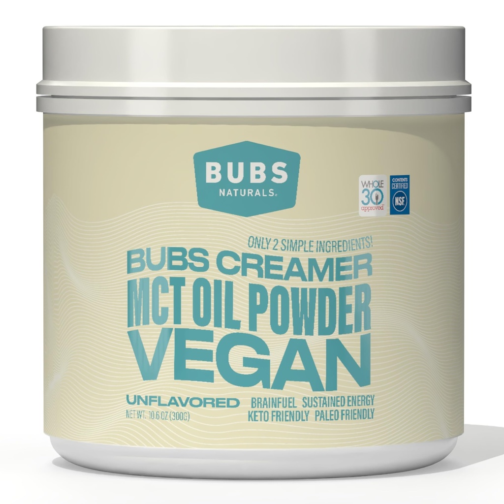 BUBS Naturals MCT Oil Powder - Premium MCT Oil & Keto Coffee Creamer - Vegan & Paleo Friendly - Grasas de coco saludables + Bajo Carb - Fuente de energía sin lácteos para Shakes, Smoothies & Baking (10.6 oz)