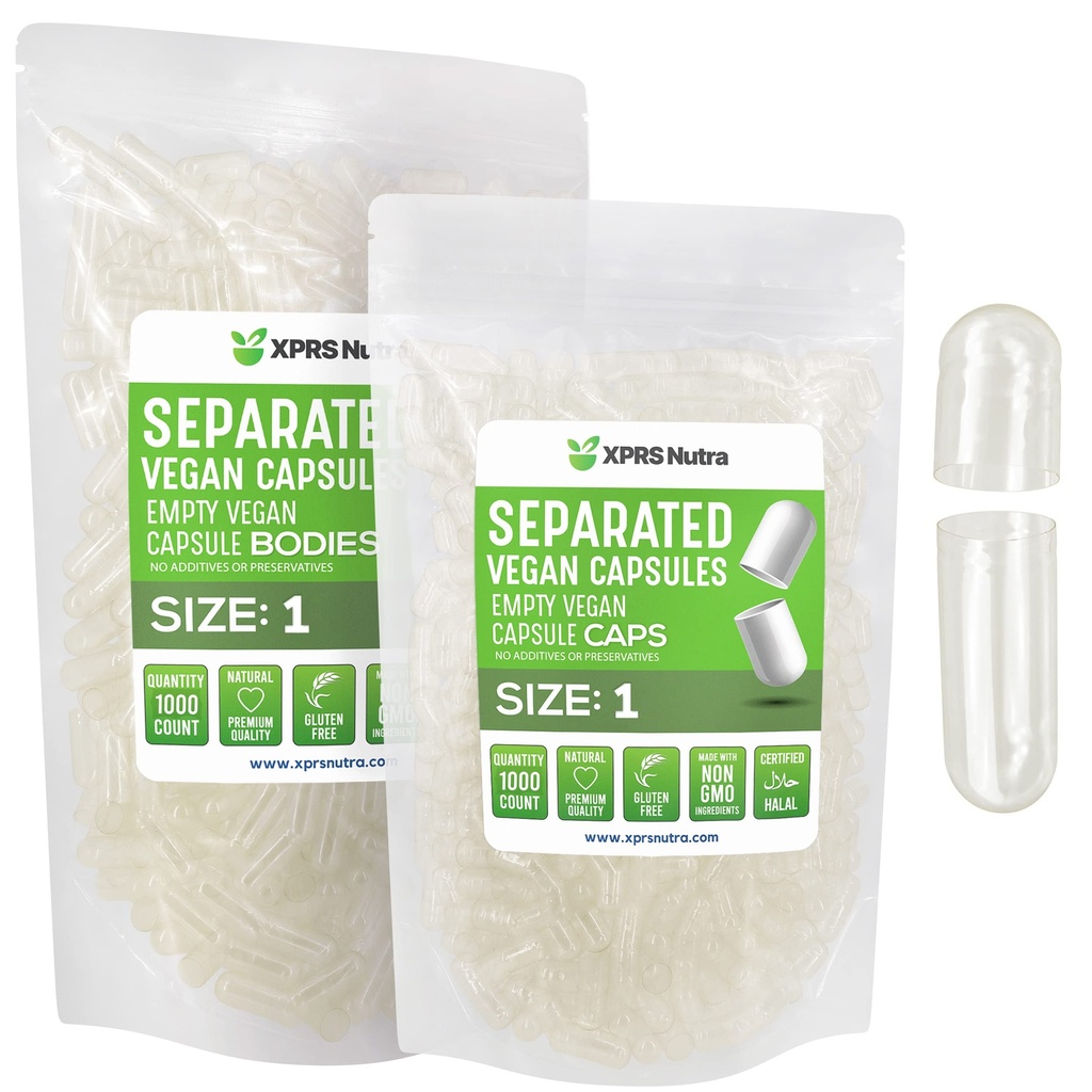 XPRS Nutra Vegan Tamaño 1 Cápsulas separadas - 1000 Cápsulas vacías de alta calidad Separadas en bolsas - Píldoras 1 para relleno de suplementos DIY