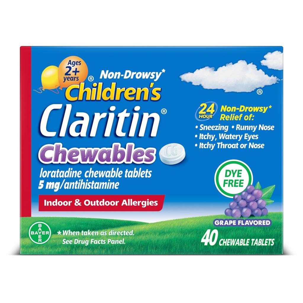 Claritin Children's Allergy Medicine, 24-Hour Non-Drowsy Loratadine 5mg Chewable Tablet, Antihistamine for Kids Ages 2 Years and Older, Grape Flavored, 40 tabletas