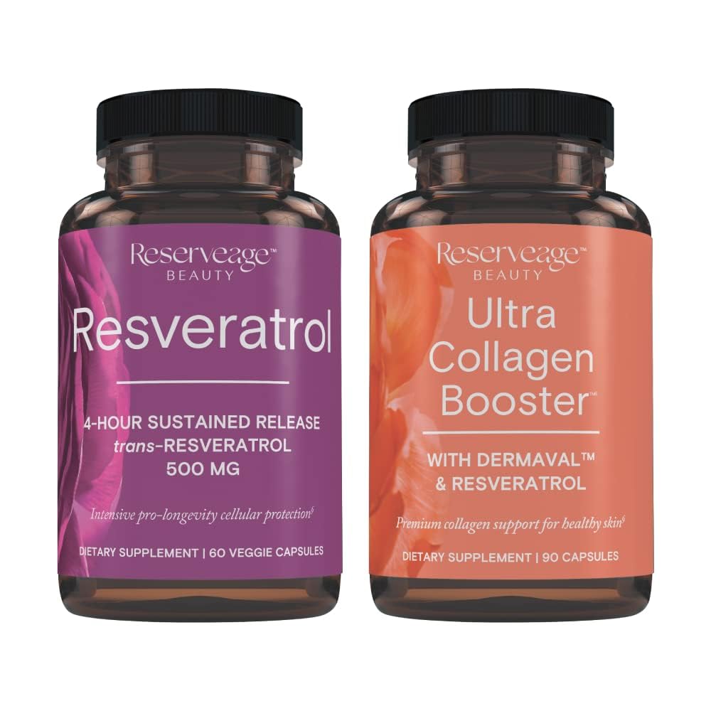 Reserveage Resveratrol & Ultra Collagen Booster - Resveratrol & Collagen Capsules for Cell & Skin Support - Features Dermaval - 60 Resveratrol Capsules, 90 Ultra Collagen Booster Capsules