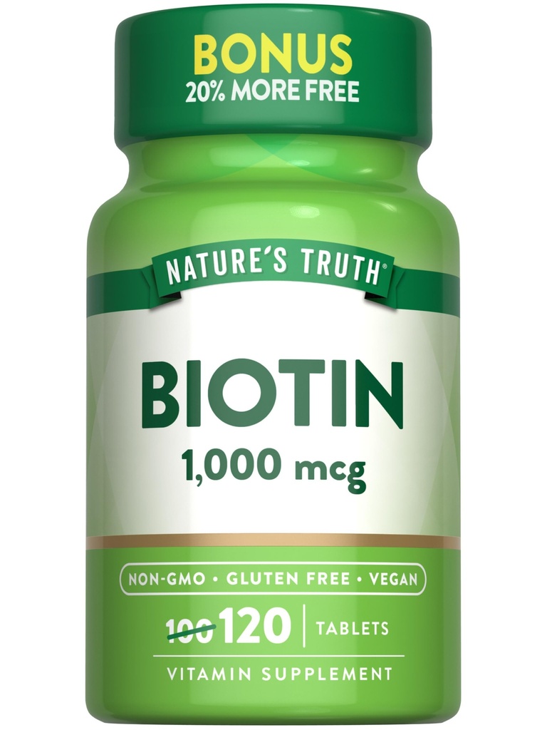 Verdad de la naturaleza Biotin 1000mcg TEN 120 Tablets ANTE Vegan, Non-GMO, Gluten Free Supplement