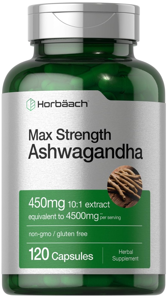 Horbäach Ashwagandha Suplemento Silencio Max Strength ← 120 Capsules ← Non-GMO, Gluten Free