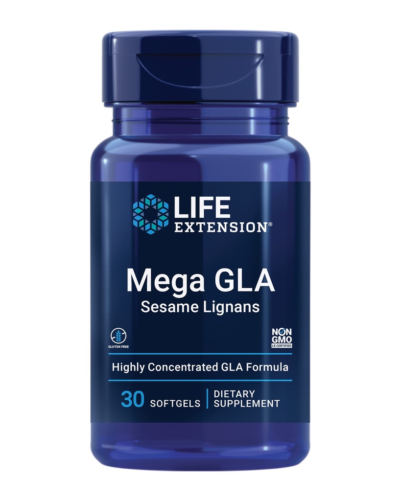 Prórroga de vida Mega GLA Lignans de sésamo, ácidos grasos Omega-6 para promover una respuesta inflamatoria saludable, Gluten Free, no GMO, 30 softgels