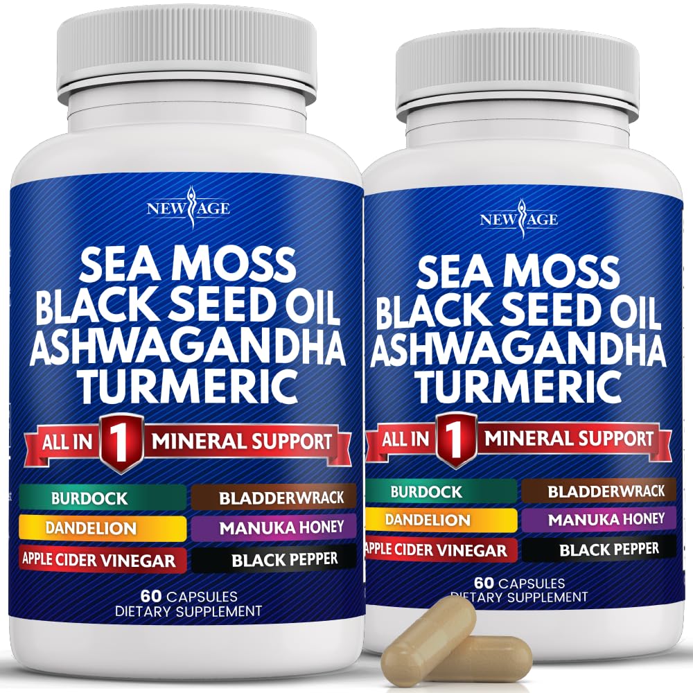 NEW AGE Sea Moss Capsules Black Seed Oil Ashwagandha Turmeric Bladderwrack Burdock - con Manuka, Honey Dandelion, ACV Black Pepper Gluten Free