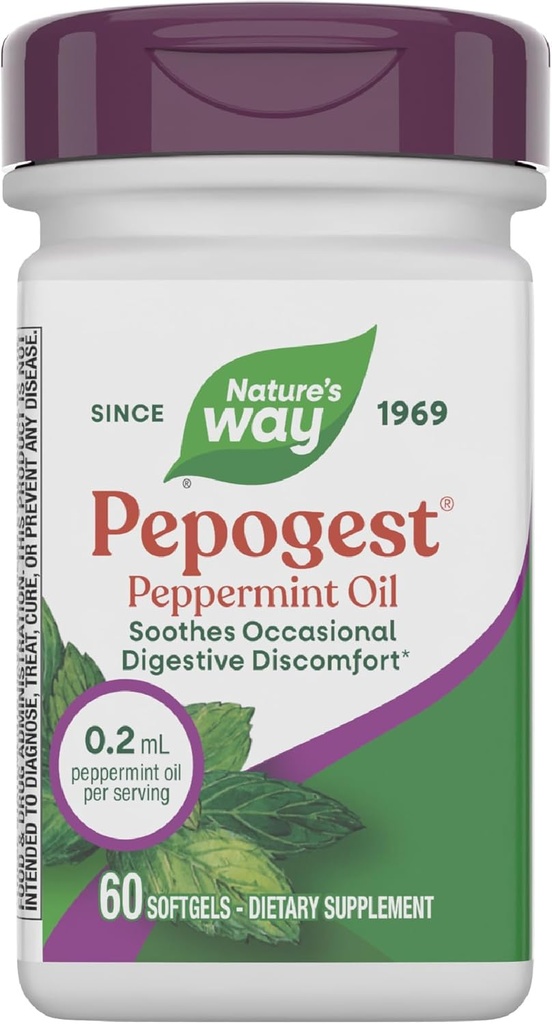 Manera Pepogest Peppermint Oil, Soothes Occasional Gastrointestinal Discomfort*, Enteric Coated Peppermint Oil Softgels, 60 Softgels (Packaging May Vary)