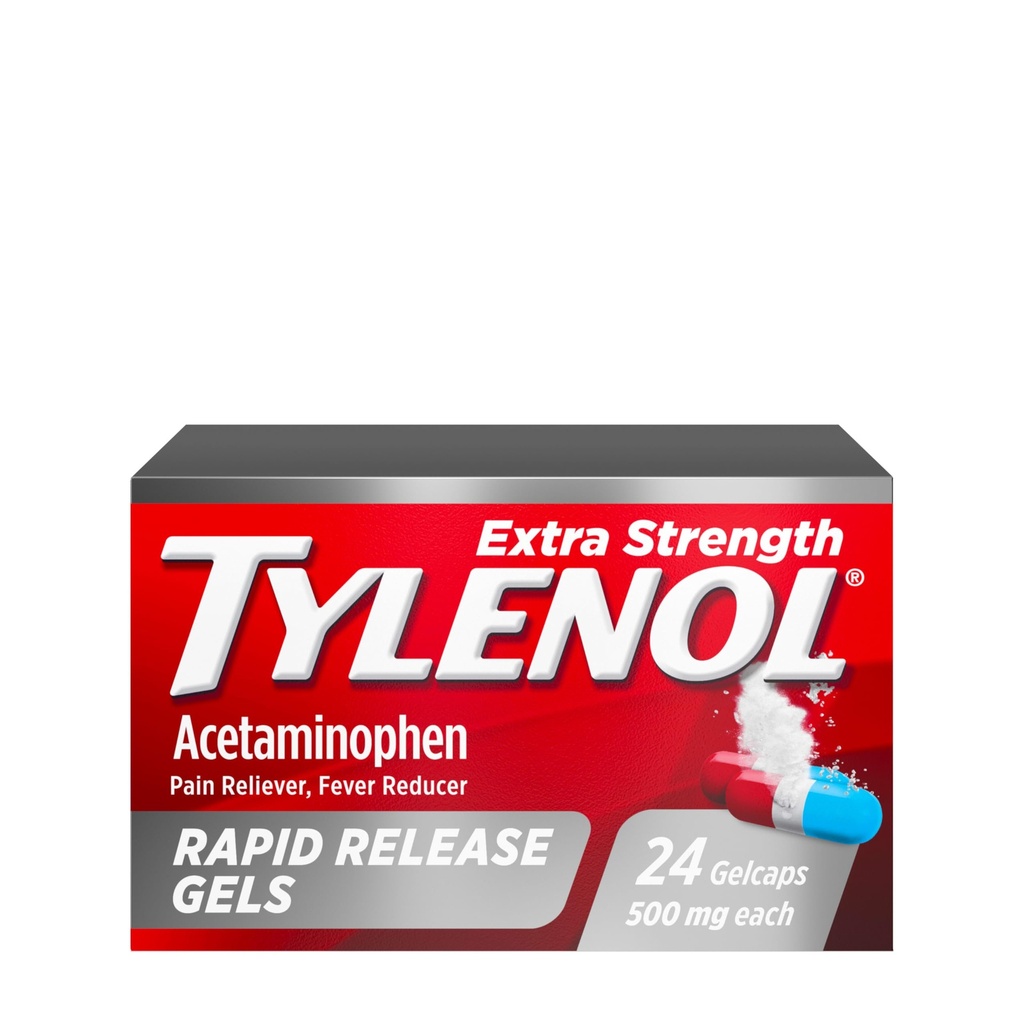 Tylenol Extra Strength Acetaminophen Rapid Release Gels, Extra Strength Pain Reliever " Fever Reducer, Gelcaps with Laser-Drilled Holes, 500 mg Acetaminophen, 24 ct
