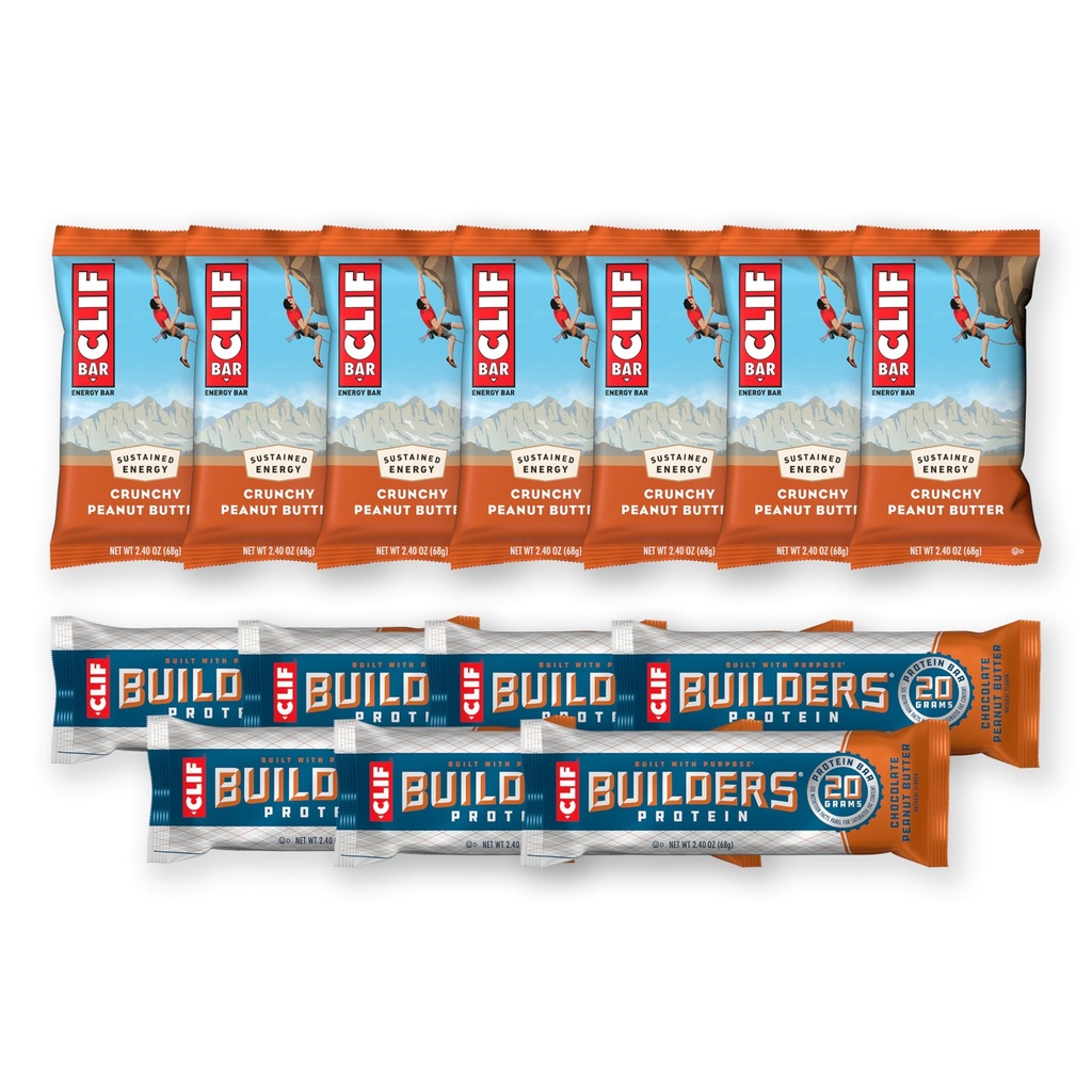CLIF BAR y CLIF Builders - Variety Pack - Crunchy Peanut Butter and Chocolate Peanut Butter - Energy Bars and Protein Bars - Non-GMO - Plant Based - 2.4 oz. (14 Conde)