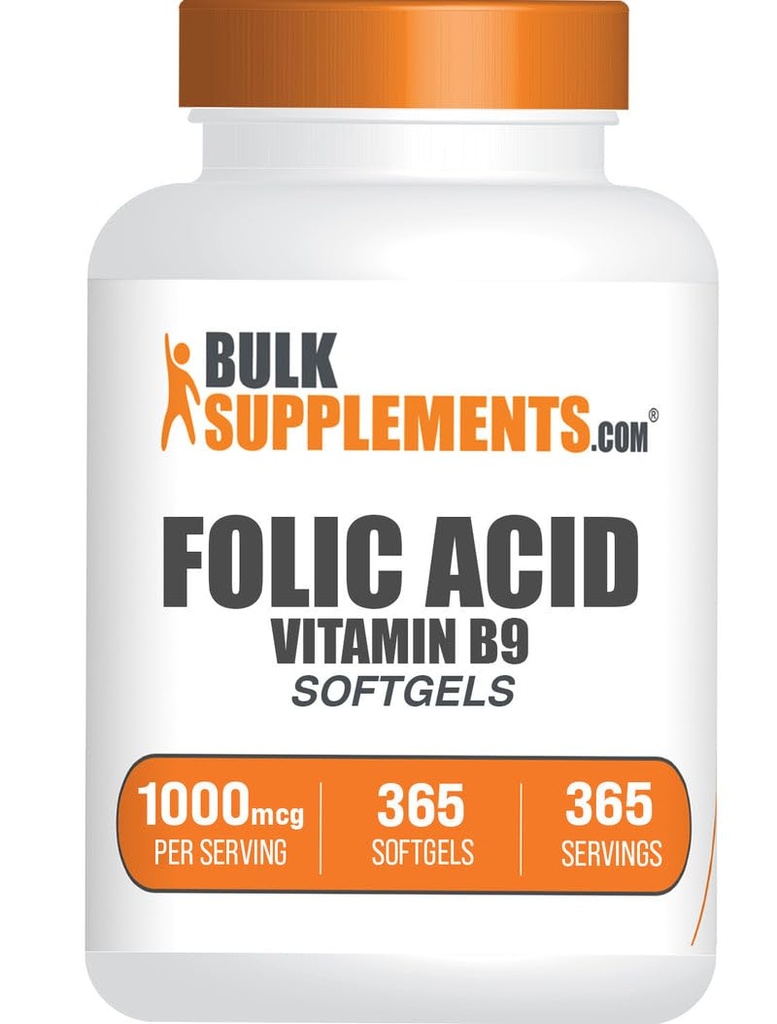 BulkSupplements.com Folic Acid Softgels - Vitamina B9, Folic Acid 1000 mcg, Folate Supplement - Gluten Free, 1 Softgel por Serving, 365 Cuenta (Pack of 1)