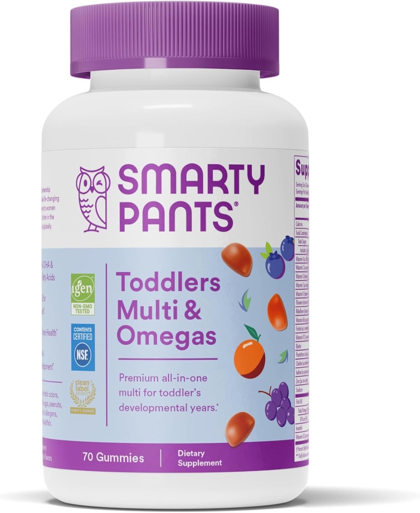 SmartyPants Toddler Multivitamin Gummies: Omega 3 Fish Oil (EPA/DHA), Vitamina D3, C, Vitamina B12, B6, A, K & Zinc, Biotin, Beta Carotene, Gluten Free, Three Fruit Flavors, 70 Cuenta (23 Day Supply)