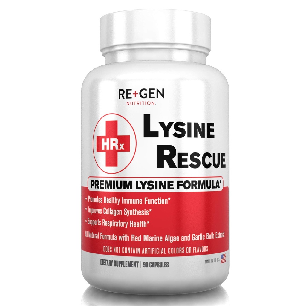 Re+Gen Nutrition Lysine Rescue, Amino Acid Supplement for Stronger Immune Health & Collagen Synthesis in Women &amp; Men, Promotes Lips & Skin Health, Natural, Pure L-lysine, 90 Capsules, 45 Day Supply