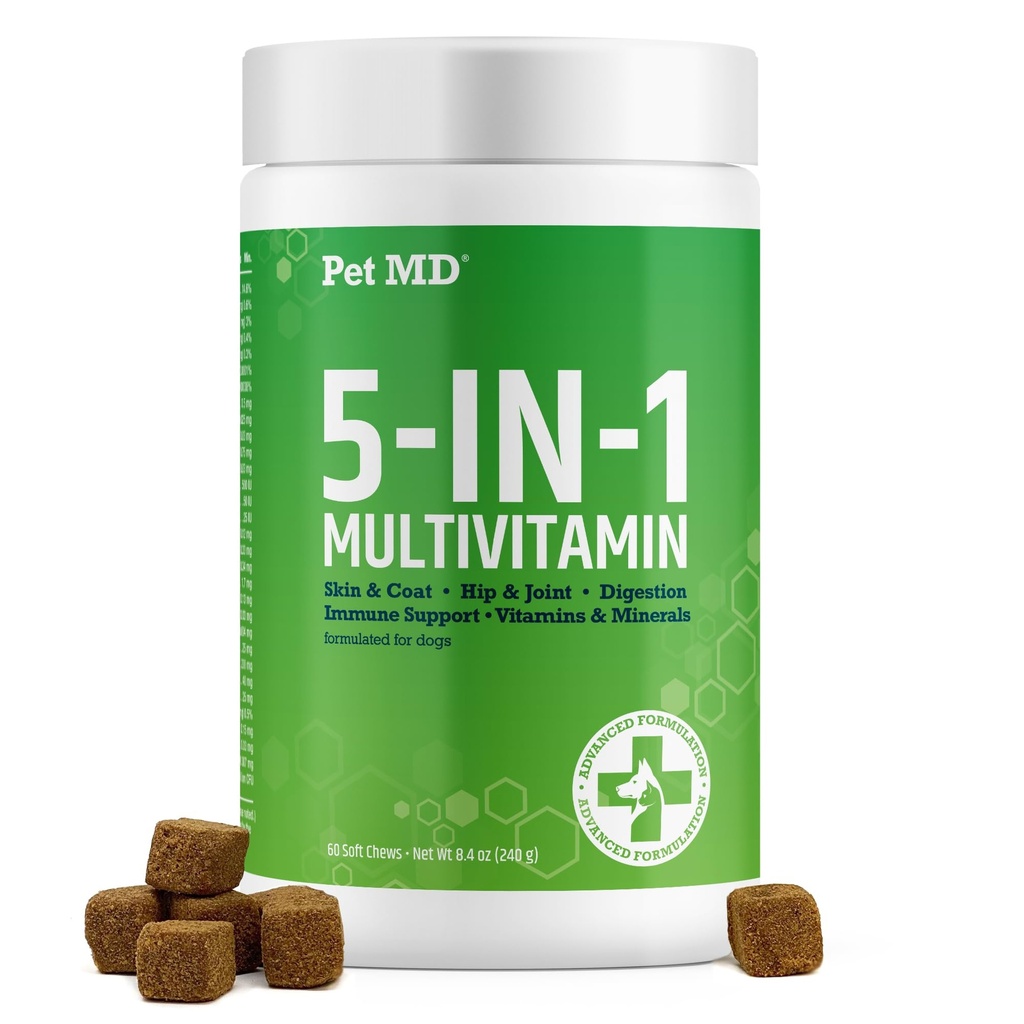 Pet MD 5in1 Dog Multivitamin - 30 Vitaminas Esenciales, Minerales " Nutrientes para la piel " Coat, Hip " Joint, Digestion, Senior Dog " Puppy Vitaminas - Glucosamine, Omega 3 6 9, " Probiotics - 60ct