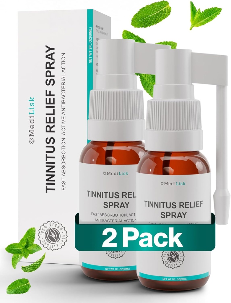 Medilisk Tinnitus Relief Spray – Apoya Tinnitus Relief for Ring Ears – Herbal Ear Care Products – Tinnitus Treatment Prevention – Non-Steroidal & Hypoallergenic – 1 Fl Oz – Pack of 2