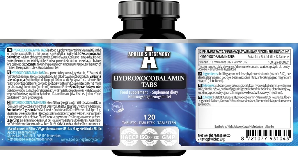 Hydroxocobalamin 100 μg por Serving - Vitamina B12-120 Tablas Vegan - 480 Serviciones - Apoya el sistema nervioso y reduce la fatiga - Suplemento dietético por la hegemonía de Apolo
