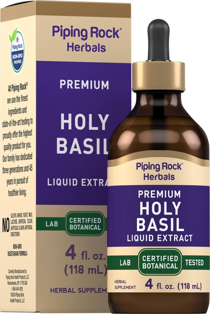 Piping Rock Holy Basil Liquid Extract ← 4 Fl Oz ← Tulsi Leaf Tincture Silencio Vegetarian, Non-GMO, Gluten Free Supplement