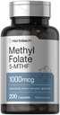 Horbäach Methyl Folate Suplemento TENIDO 1000 mcg ANTE 200 Capsules TENIDO 5-MTHF ANTE FÁLISIS FÓLIICO TENIDO NO GMO, Gluten Free Methylfolate