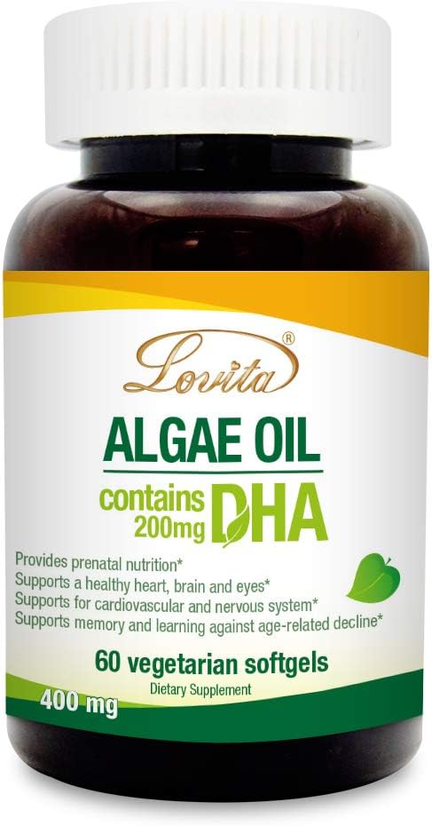 Aceite de Lovita Algae, DHA de base vegetal Alternativa al aceite de pescado, Omega Vegan 3 con DHA 200 mg, 60 Softgeles vegetarianos