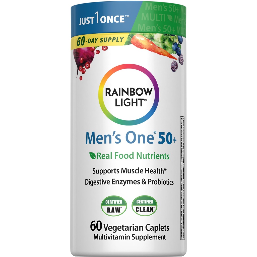 Multivitamina de luz arco iris para hombres 50+, Vitamina C, D & Zinc, Probióticos, Hombres Uno 50+ Multivitamina proporciona soporte de inmunodeficiencia alta, no GMO, Vegetariano, 60 Tablets