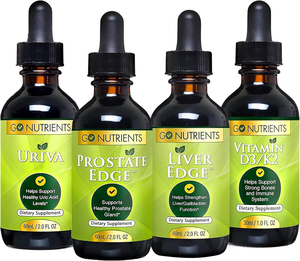 Go Nutrients Men's Health Bundle - Vitamin D3/K2, Liver Edge, Prostate Edge, Uriva – Soporte integral para Bone, Liver, Prostate y Uric Acid Health – Boost Energy, Vitality, and Body Defense