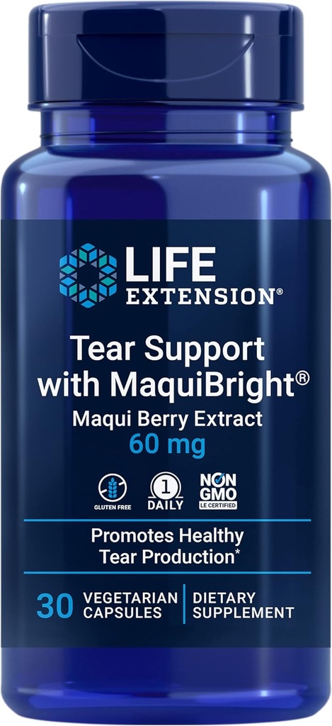 Soporte para Extensión de Vida con MaquiBright®, 60 mg, Extracto de Berry Maqui para ojos secos, soporta salud ocular, estimula la producción de lágrimas, libre de gluten, no GMO, 1 diariamente, vegetariano, 30 cápsulas