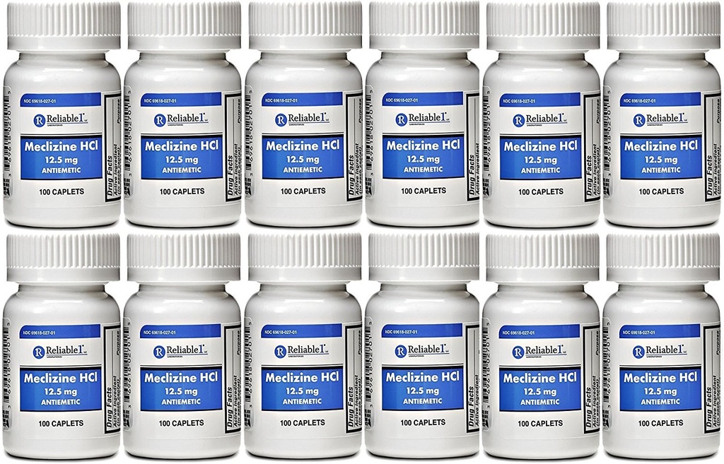 Meclizina 12,5 mg Antiemético, enfermedad de movimiento 100 cápsulas PACK de 2