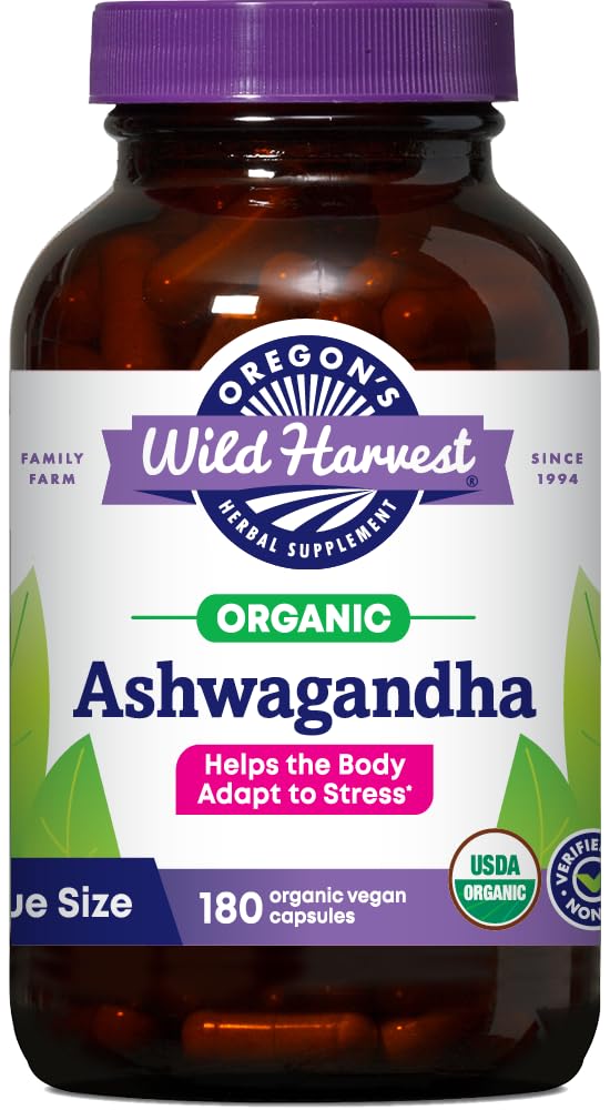 La cosecha ecológica de Oregon Ashwagandha suplementos herbales no transgénicos para el alivio de estrés, apoyo inmunitario, nivel de energía equilibrado " soporte de humor, 180 condes