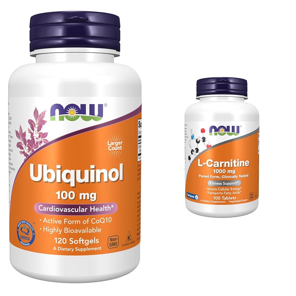 AHORA Suplementos, Ubiquinol 100 mg, Alta Biodisponibilidad (La Forma Activa de CoQ10), 120 Softgels & Suplementos, L-Carnitina 1000 mg, Formulario Purest, Aminoácidos, Apoyo Fitness*, 100 Tabletas