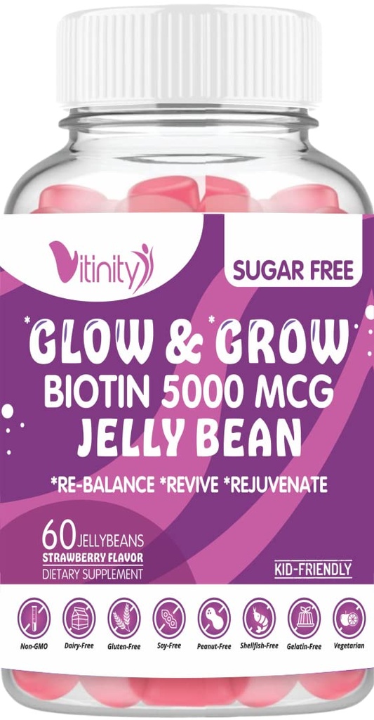 VITINITY Biotin 5000 Mcg Extra Strength Vegetarian (Vitamin B) Sugar-libre Suplemento-Apoyos más saludables Cabello &amp; Esquí - Mujeres &amp; Hombres 60 Hélices sin azúcar frijoles (30 Day Supply)