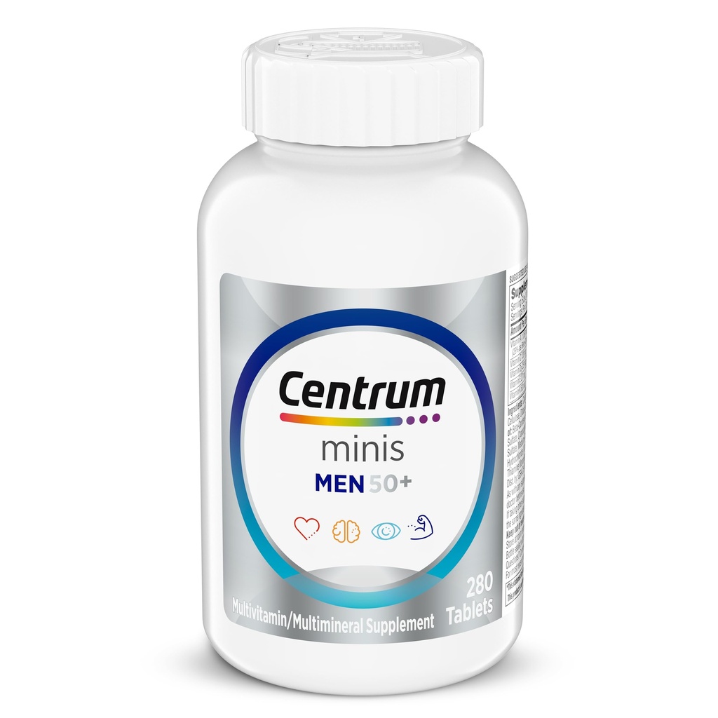 Centrum Minis Multivitaminas de Plata para Hombres 50 Plus, Suplemento Multivitamina/Multimineral, Vitamina D3, B-Vitamins y Zinc, Ingredientes no GMO, soporta memoria y cognición en adultos mayores - 280 Ct