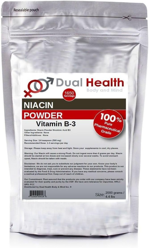 Niacin Powder (4.4 lbs - 2 kilogramos) Vitamina B3 Bulk Suplemento Inmediata Liberación Niacina con ácido licuado Flush Non-GMO, Vegan, Gluten Absorción rápida libre Sin GMOs, Fillers, Additives, Metales