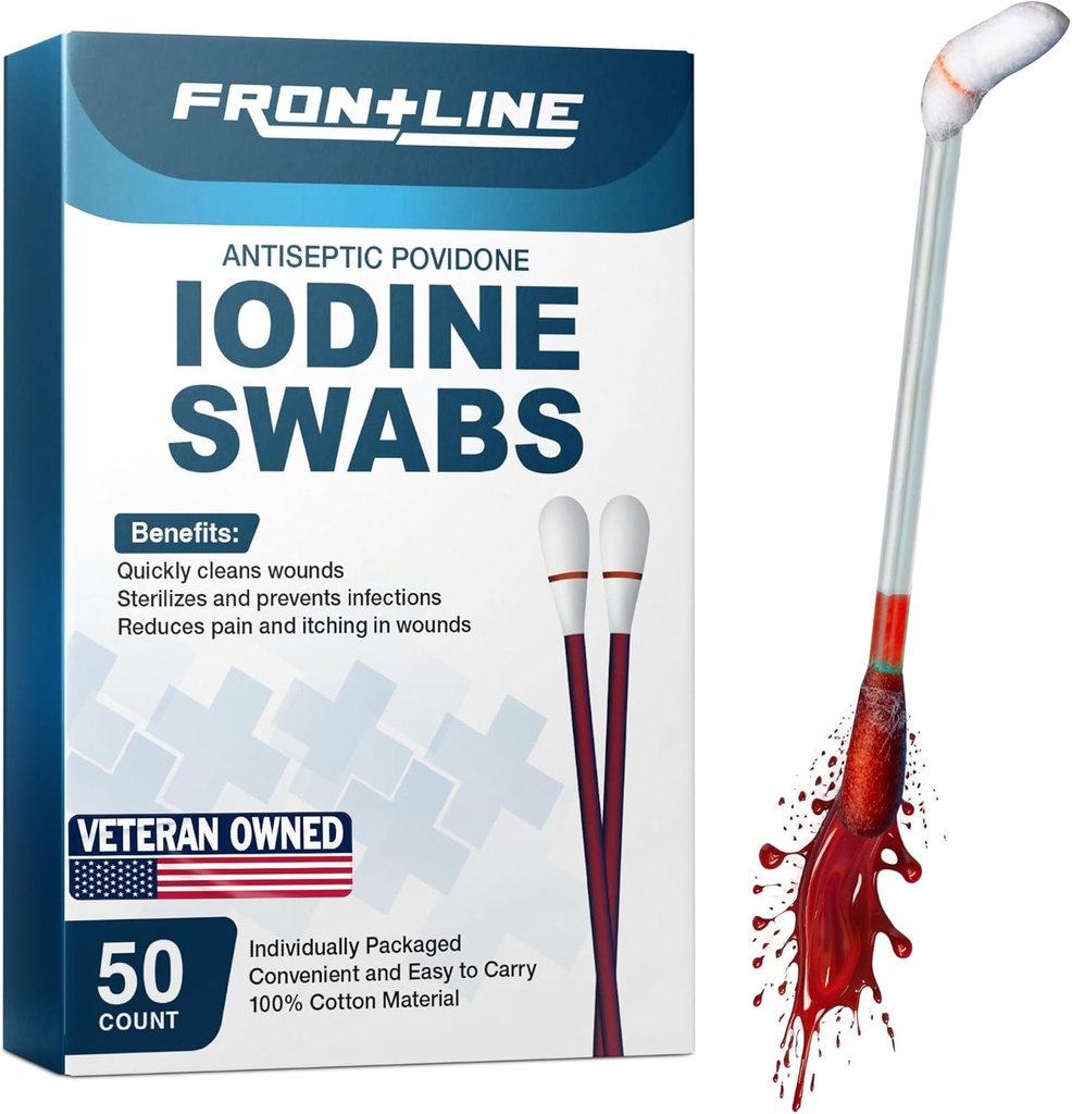 Swabs de Iodine Povidone FrontLine, Swabsticks Antisépticos, Solución de Iodine, Swab de algodón de limpieza, Suministros Médicos con mallas, Cuidado de heridas, primeros auxilios, limpiador de heridas, caja de 50