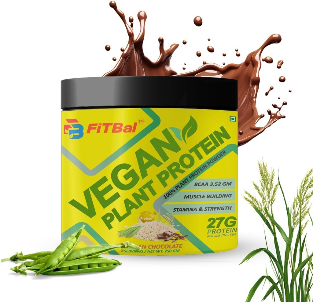Pea de pólvora vegetal vegano, Proteína de arroz marrón 250 gramos(7 servidos) Servir Cantidad-36 G 27 G Proteína por ser, Glutamina -4.35gm BCAA-3.53GM