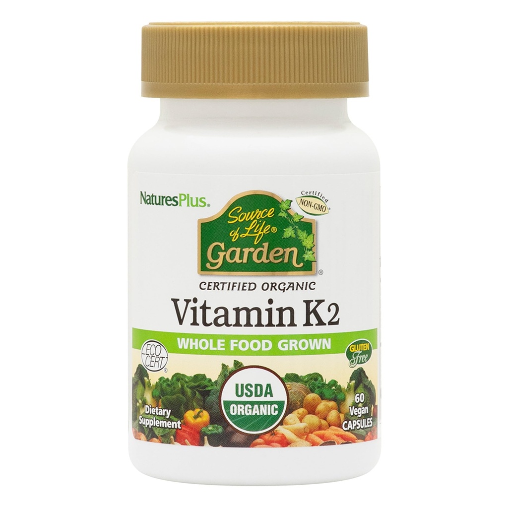 NaturesPlus Fuente de Life Garden Vitamin K2-60 Vegan Capsules, Pack of 2 - Bone Support - Certified Organic, Non-GMO, Gluten Free - 120 Total Servings