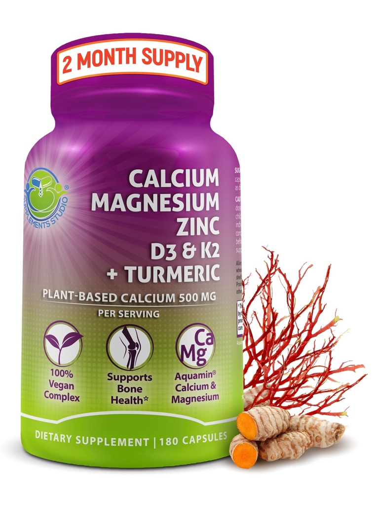 Calcio de base vegetal 500mg (Aquamin) – Magnesio de calcio vegano Zinc D3 con vitamina K2 " Turmérica orgánica: Bono mejorado y salud muscular " , Immune Support for Women " Men - 180 Conde