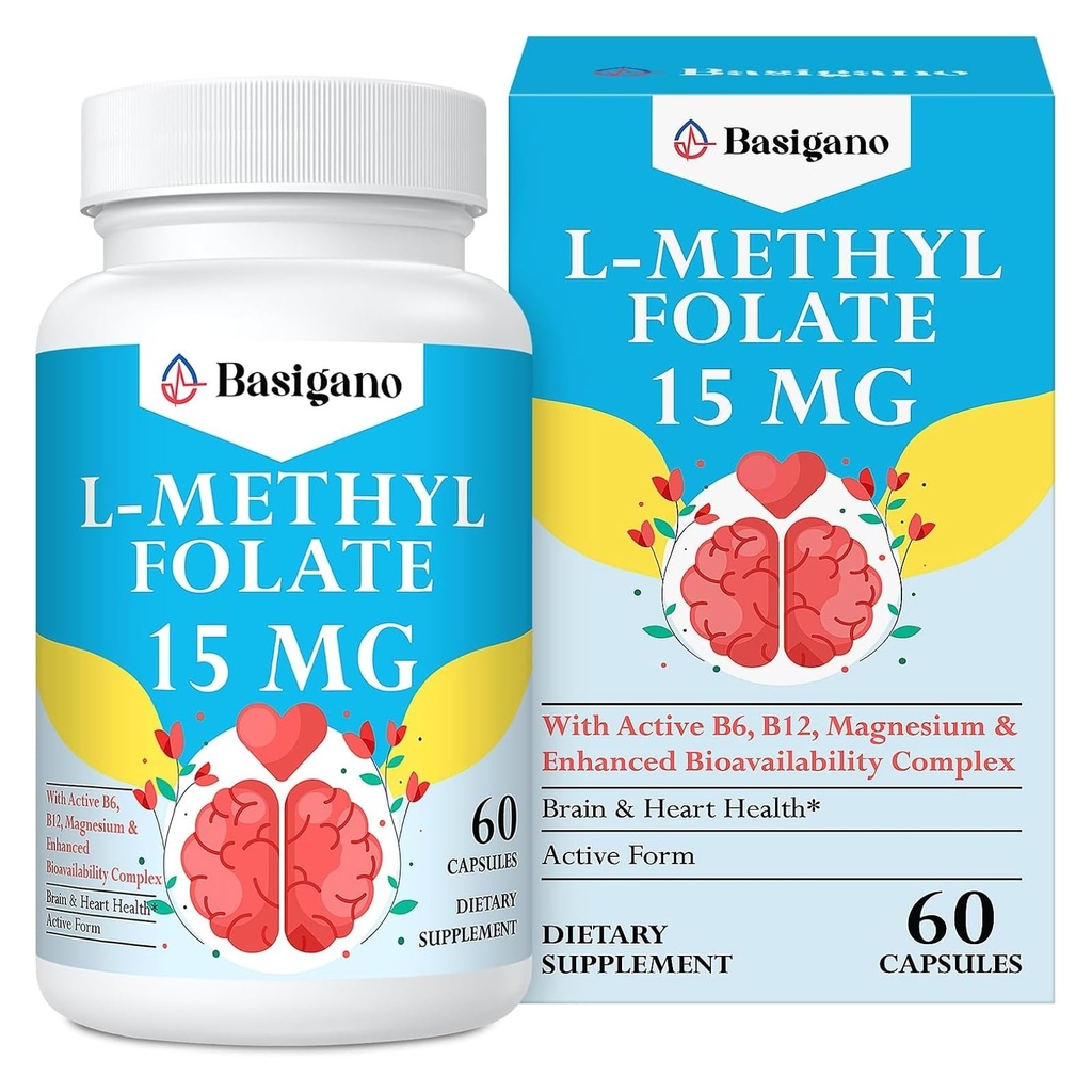 15mg L Methylfolate (5-MTHF)- ácido fólico activo Enriquecido con vitaminas B6 y B12-60 cápsulas vegetarianas - no GMO, libre de gluten