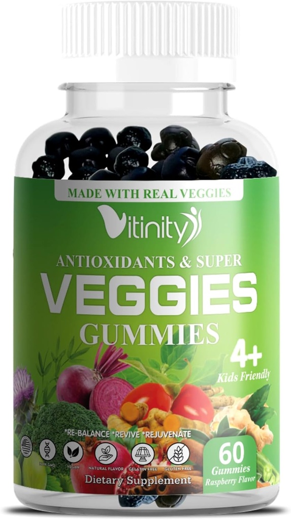 VITINITY Made with Real Super Veggies Delicious Gummy Supplement,Men,Women &amp; Kids(60 Chews),30 verduras,Herbs,Fruit and Vegetable Vitamins,No-GMO,Pectin-Based,Gluten-Free,No más pastillas (30 Day Supply)