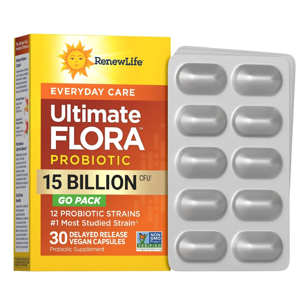 Renovar vida Cada día Go-Pack Probiotic Capsules, Suplemento diario apoya la salud urinaria, digestiva e inmunitaria, L. Rhamnosus GG, Dairy, Soy y sin gluten, 15 Billion CFU, 30 Conde