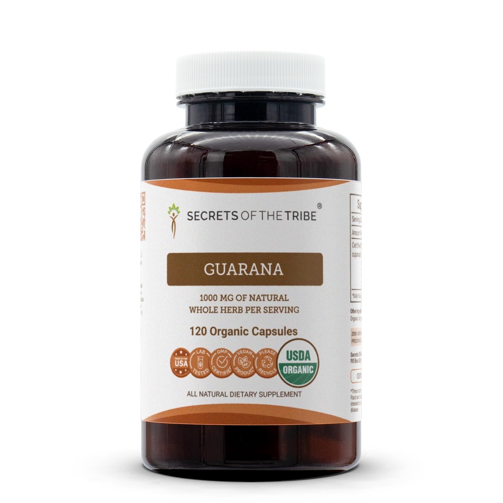 Secretos de la Tribu Guarana USDA Organic Capsules ← Certified Organic Vegetarian Capsules, Herbal Dietary Supplement viv Paullinia Cupanais Dried Seed (120 Conde)