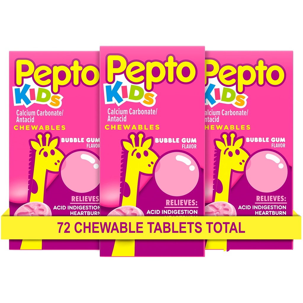 Pepto Kid's Chewable Tablets for Heartburn, Acid Indigestion, Sour Stomach y Upset Stomach, Bubblegum Flavor, 72 Total (3 Packs of 24)
