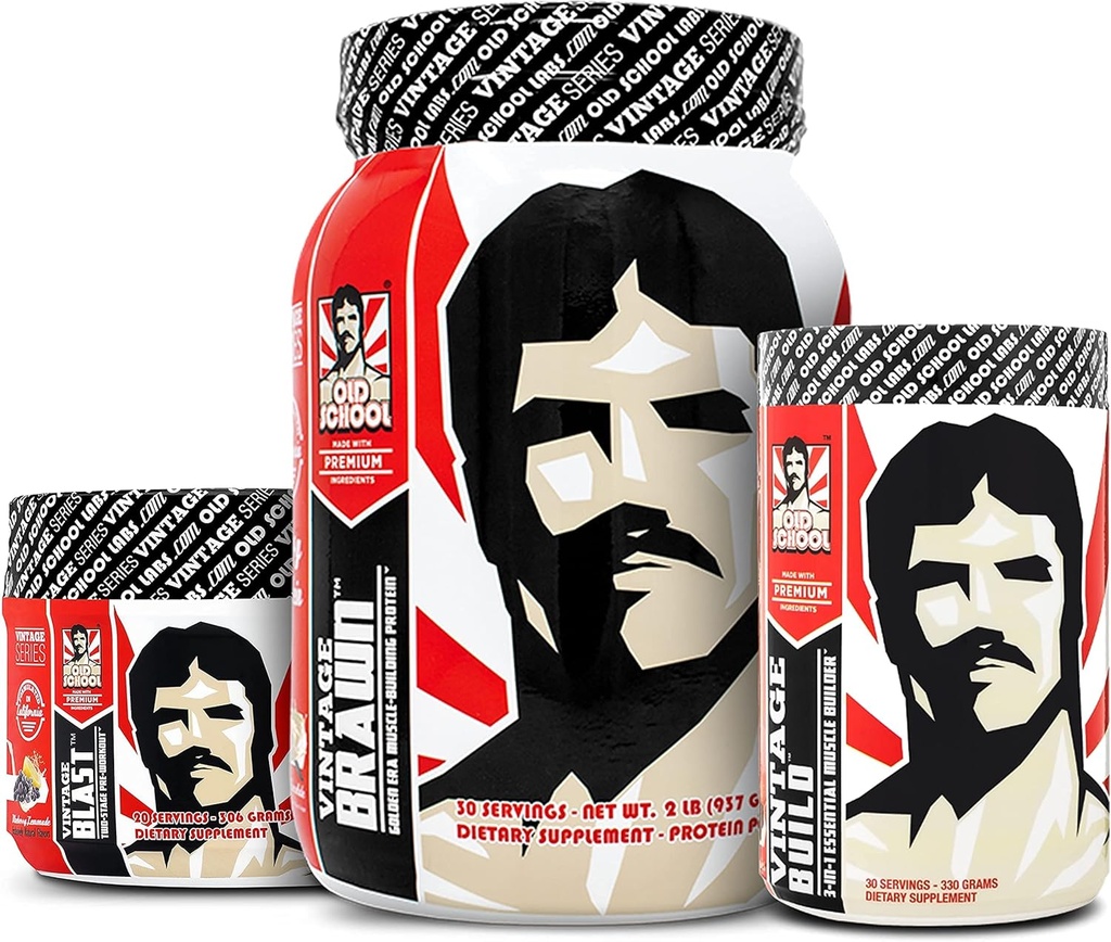 Antiguos laboratorios escolares de construcción vintage entrenamiento de postes, Vintage Blast Pre Workout y Vintage Brawn Protein Powder