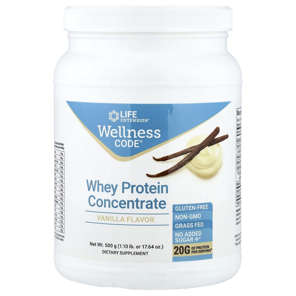 Código de bienestar de la extensión de vida Concentración de proteínas 20g Crecimiento muscular & Immune Salud - Fuente de Grass-Fed, Free-Range, Vacas libres de hormonas, No GMO, No hay azúcar añadido, Vainilla- 500g