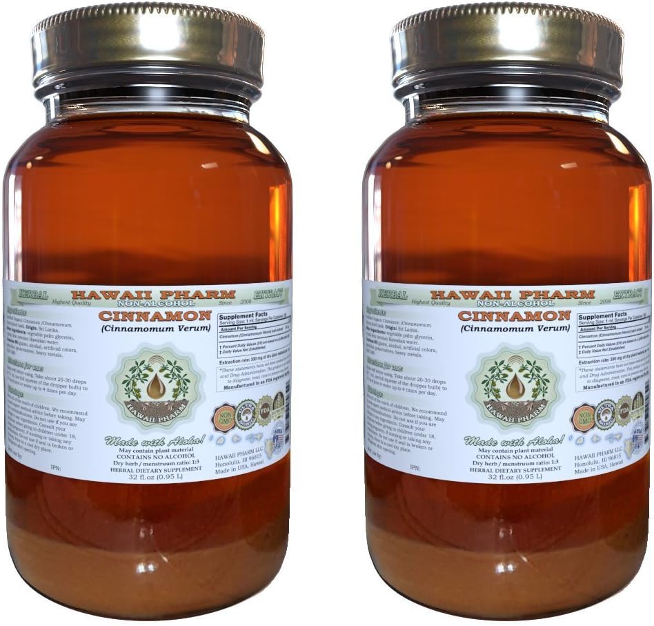 Extracto líquido libre de alcohol de canela, canela (Cinnamomum Verum) Dried Bark Glycerite Hawaii Pharm Natural Herbal Suplemento 2x32 oz Unfiltered
