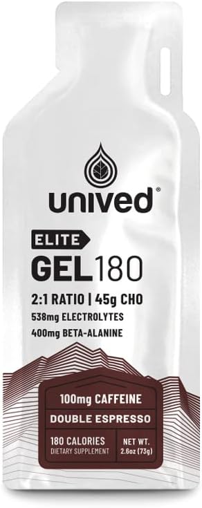 Elite Unived Gel 180-2:1 Relación de Carbs simples y complejos con electrolitos esenciales Beta Alanine - para la resistencia Athletes Runners & Cyclists -180kcal - Double Espresso - 100mg Caffeine - Pack de 6