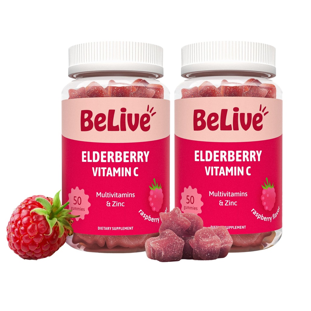 BeLive Elderberry Gummies with Zinc and Vitamin C - Immune Support Supplement with Vitamin D, A, E, B12 - Gummies for Healthy Bones & Teeth, Vegan, Keto & Non-GMO - Raspberry Flavor  durable 2-Pack