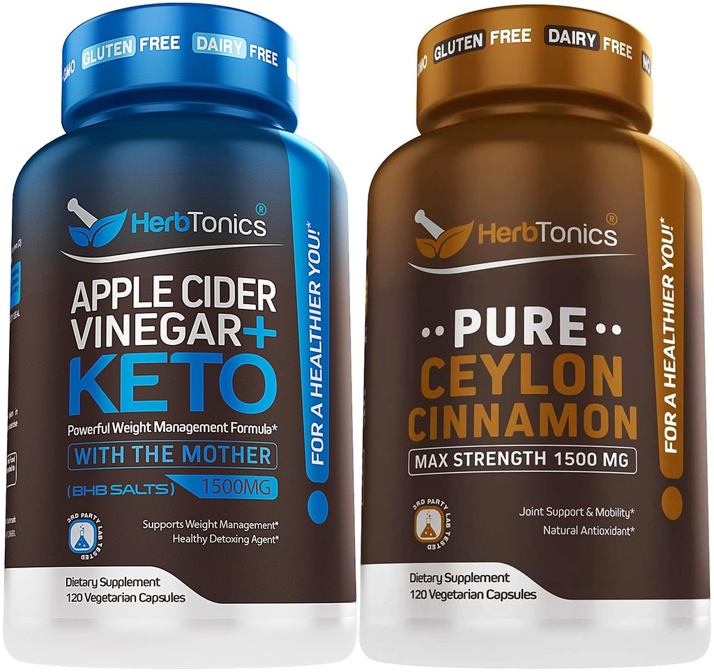 Herbtonics Apple Cider Vinegar Capsules Plus Keto BHB ← Fat Burner &amp; Weight Loss Suplemento para Hombres - Premium Ceylon Cinnamon Capsules - efectivas píldoras de canela para mejorar el bienestar